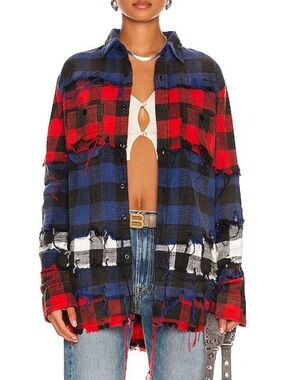 R13 Distressed Pieced Shirt in Red/Blue Plaid Size Medium